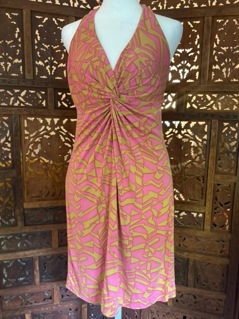 Trina Turk silk pink and tan halter dress Size: 4 twist front geometric print